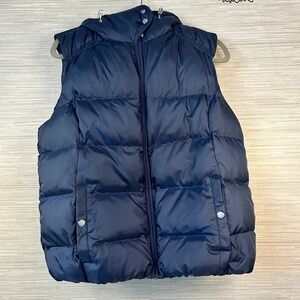 Eddie Bauer Navy Blue Goose Down 650 Fill Puffer Vest Hooded Fleece Lined XL